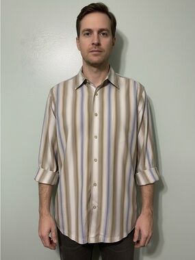 Tommy Bahama Silk Men's Beige, Blue & Cream Vertical Stripe Button-Down Shirt L